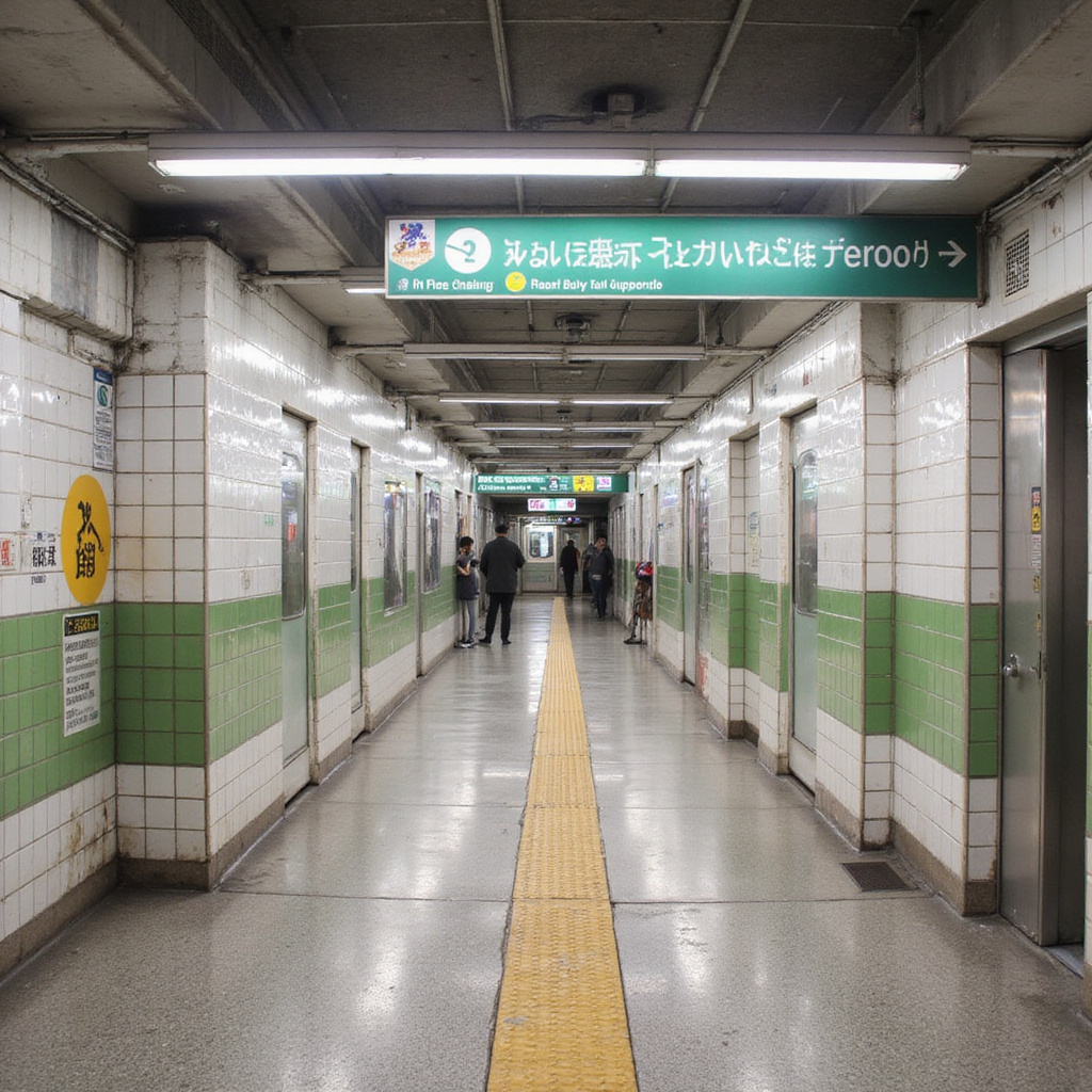Stacja metra Fukuoka Subway z widocznymi znakami w języku angielskim i japońskim