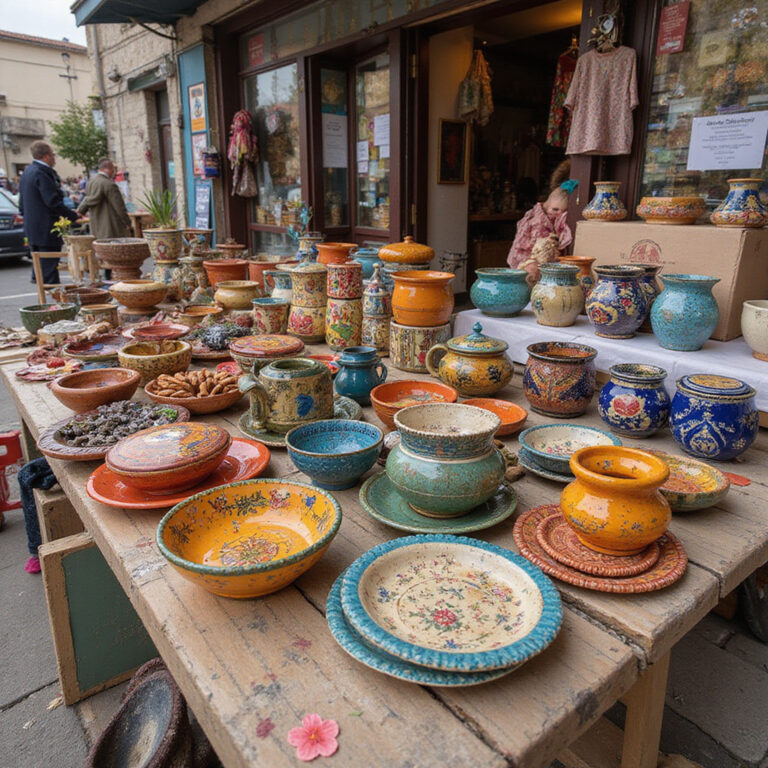 Kolorowe stragany na bazarze w Asuanie z ręcznie robioną ceramiką i tkaninami