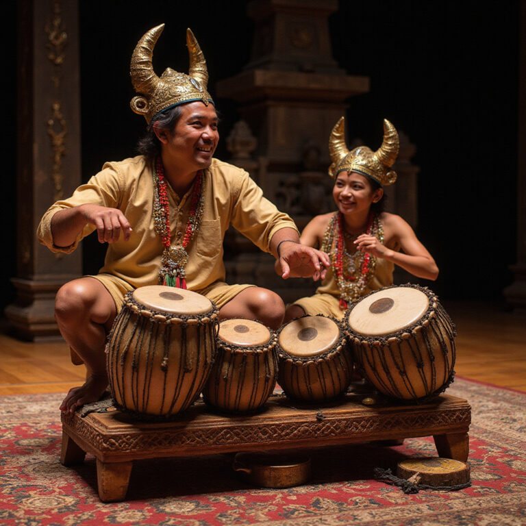 Tradycyjny gamelan w świątyni na Bali, instrumenty muzyczne i kadzidła