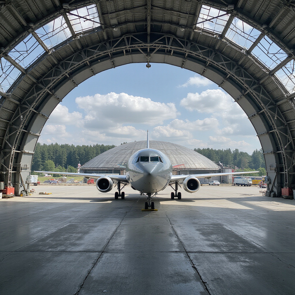 Widok na tunel aerodynamiczny Aerodium z zewnątrz, otoczony zielenią
