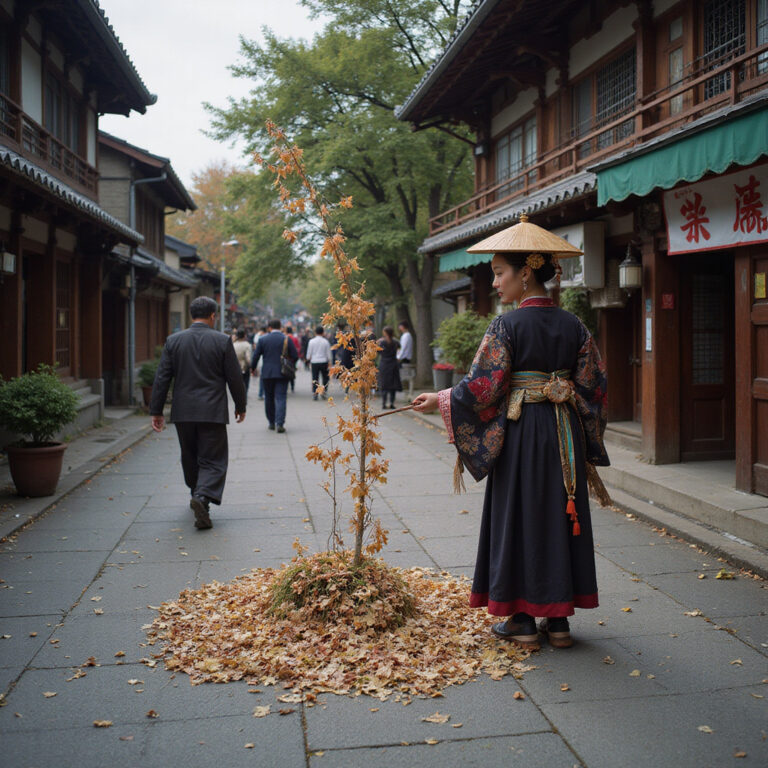 Ulica w Tokio z tradycyjnymi straganami i widocznym fragmentem Sensō-ji, fotografia uliczna, japońska kultura