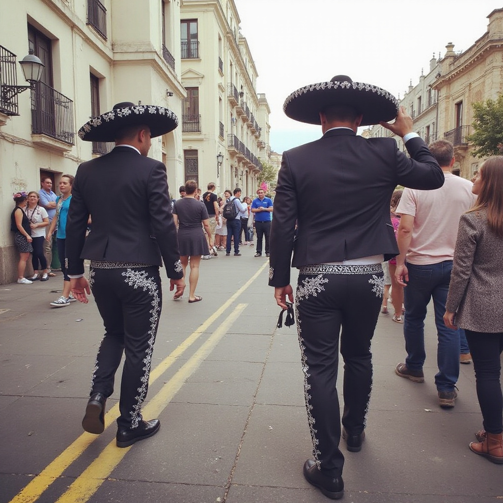 Ulica w Guadalajarze podczas Festiwalu Mariachi i Charrería z kolorowymi sombrerami