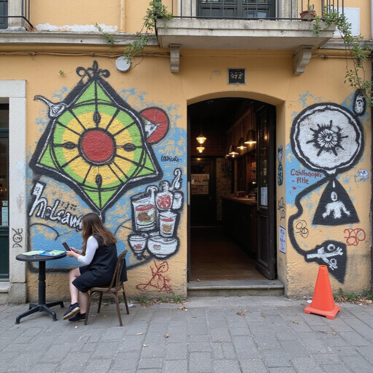 Ulica w Warszawie z wegańskimi restauracjami – kolorowe parasole i roślinne graffiti na ścianach
