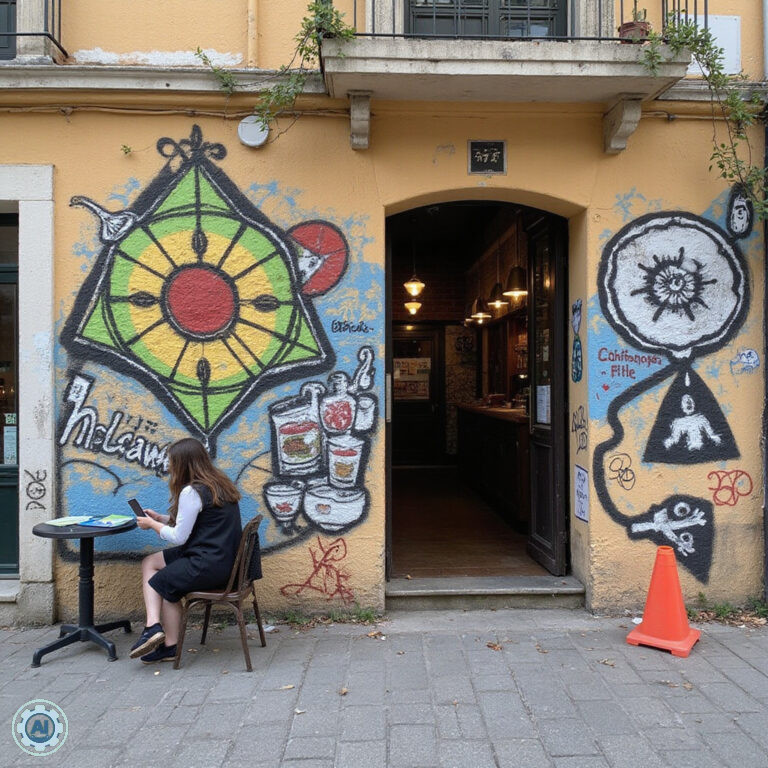 Ulica w Warszawie z wegańskimi restauracjami – kolorowe parasole i roślinne graffiti na ścianach