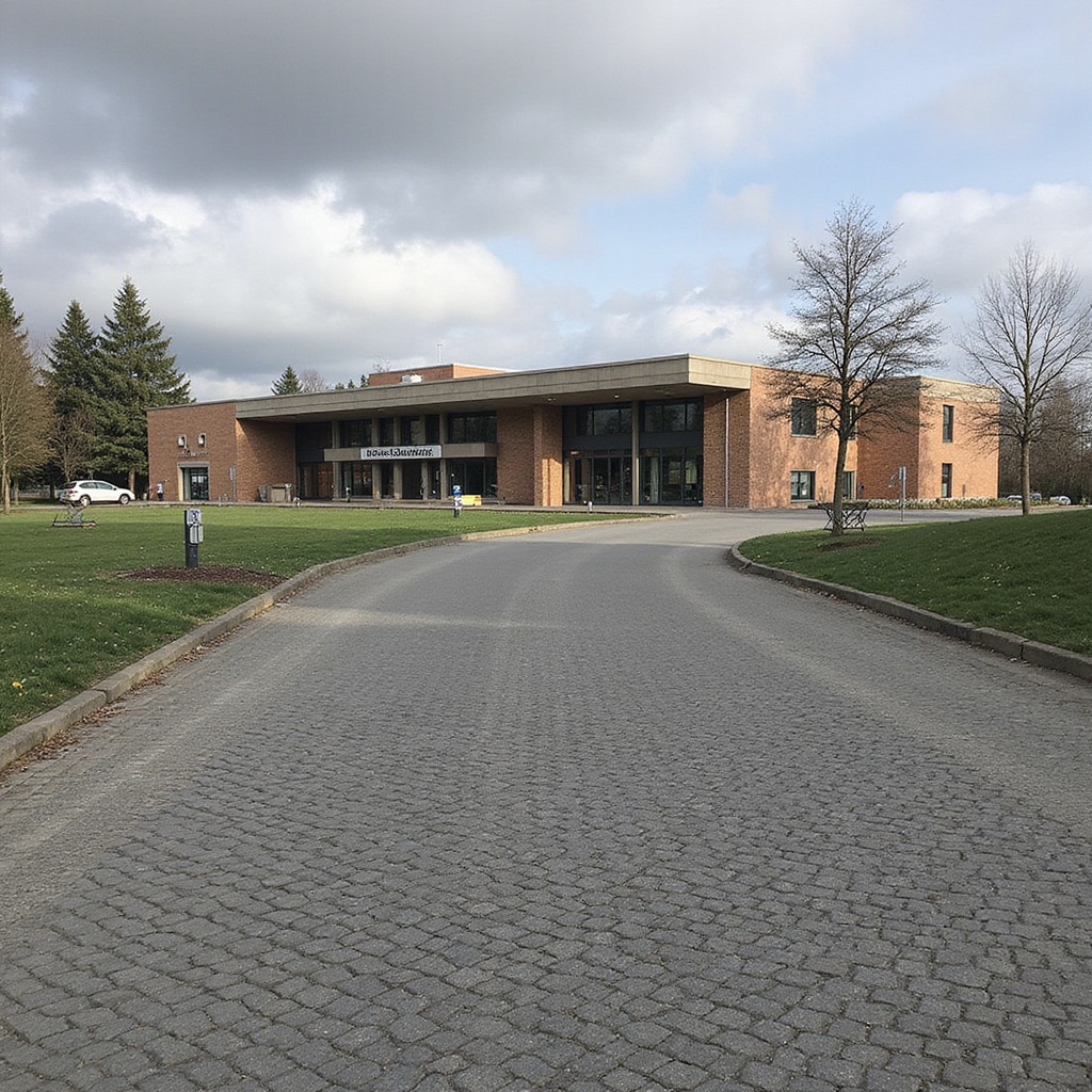 Ulica w Szczecinie prowadząca do wejścia podziemnych schronów, betonowe schody i tablica informacyjna