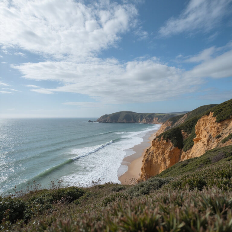 widok na klify Sagres z oceanem w tle, koniec świata, portugalskie wybrzeże