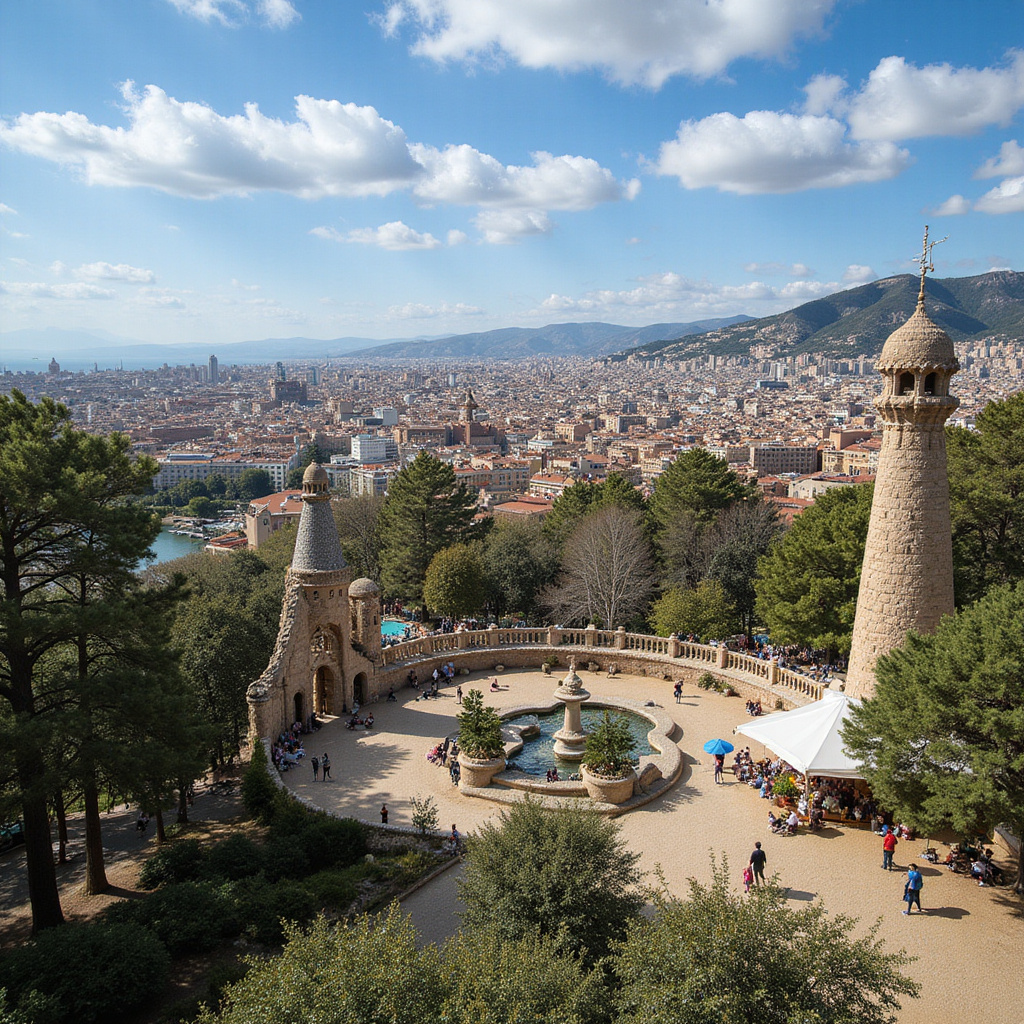 Park Güell w Barcelonie, widok na kolorowe mozaiki i tarasy