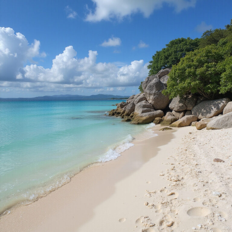 Ruiny Tulum widziane z plaży z turkusową wodą w tle