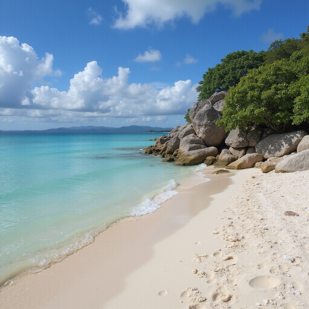 Ruiny Tulum widziane z plaży z turkusową wodą w tle