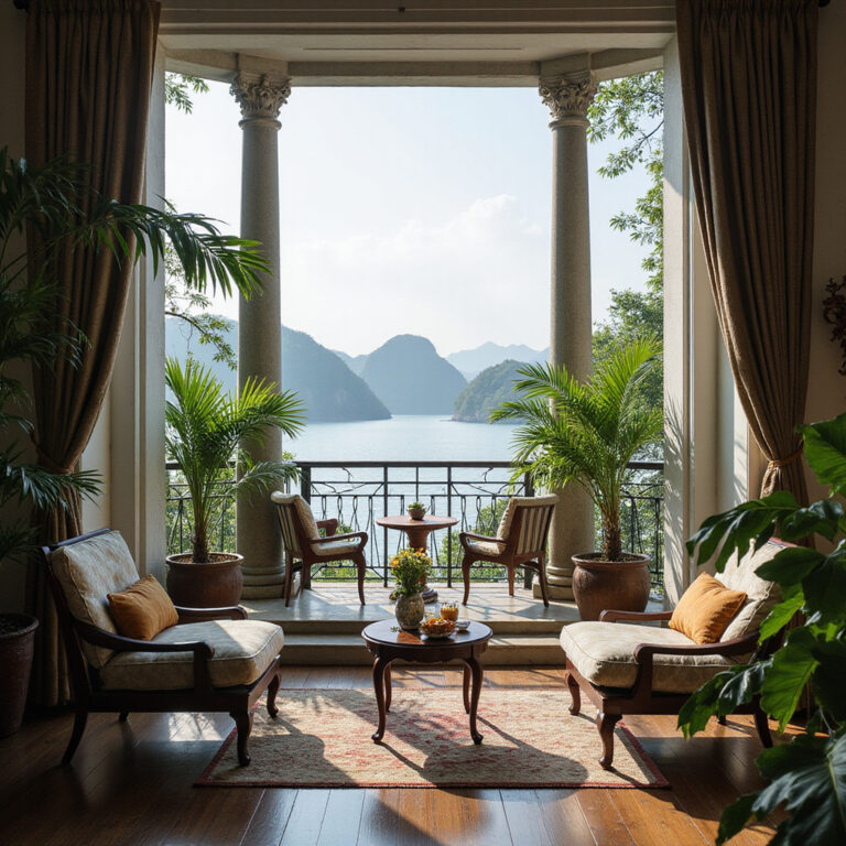 widok na zatoke Ha Long z hotelowego balkonu z palmami