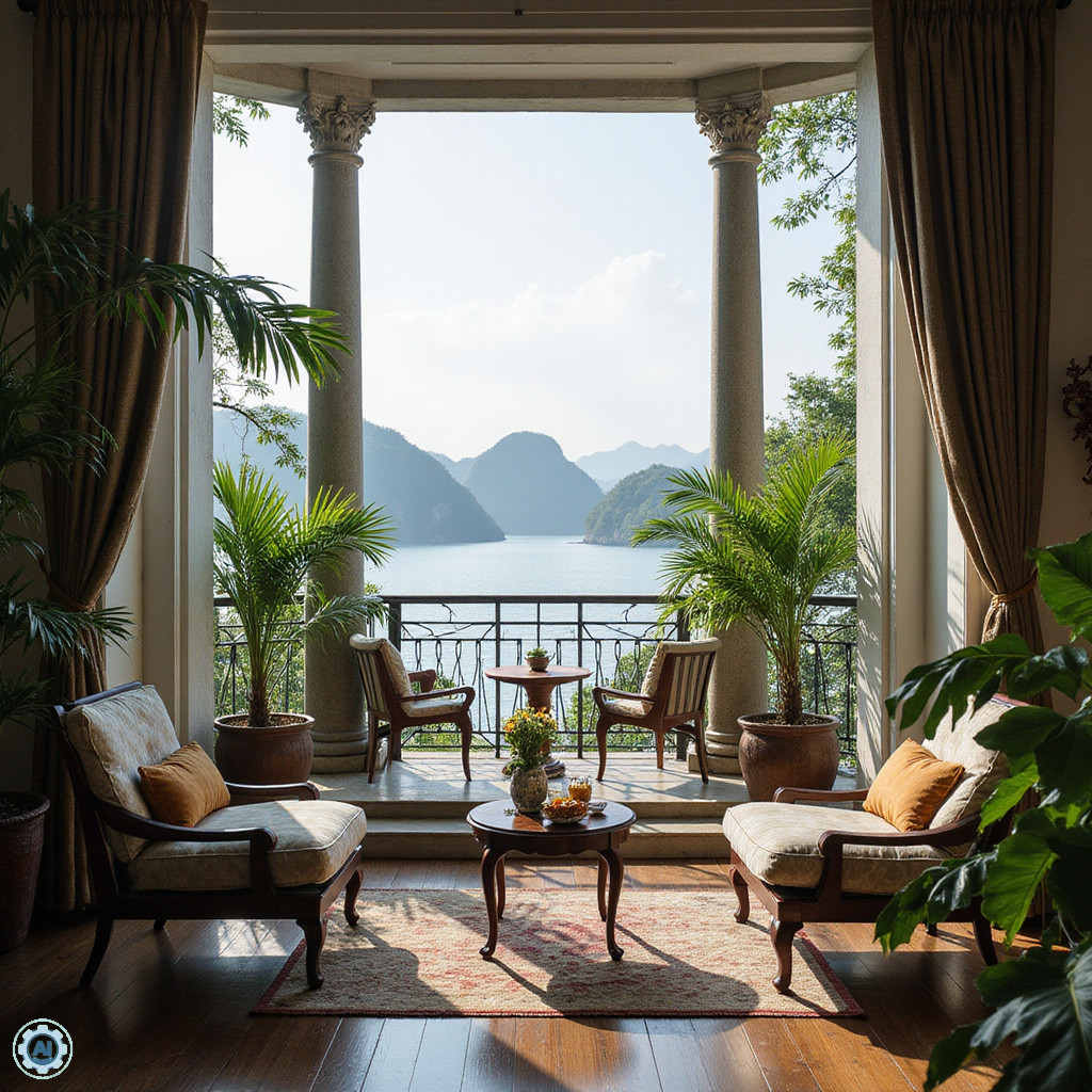 widok na zatoke Ha Long z hotelowego balkonu z palmami