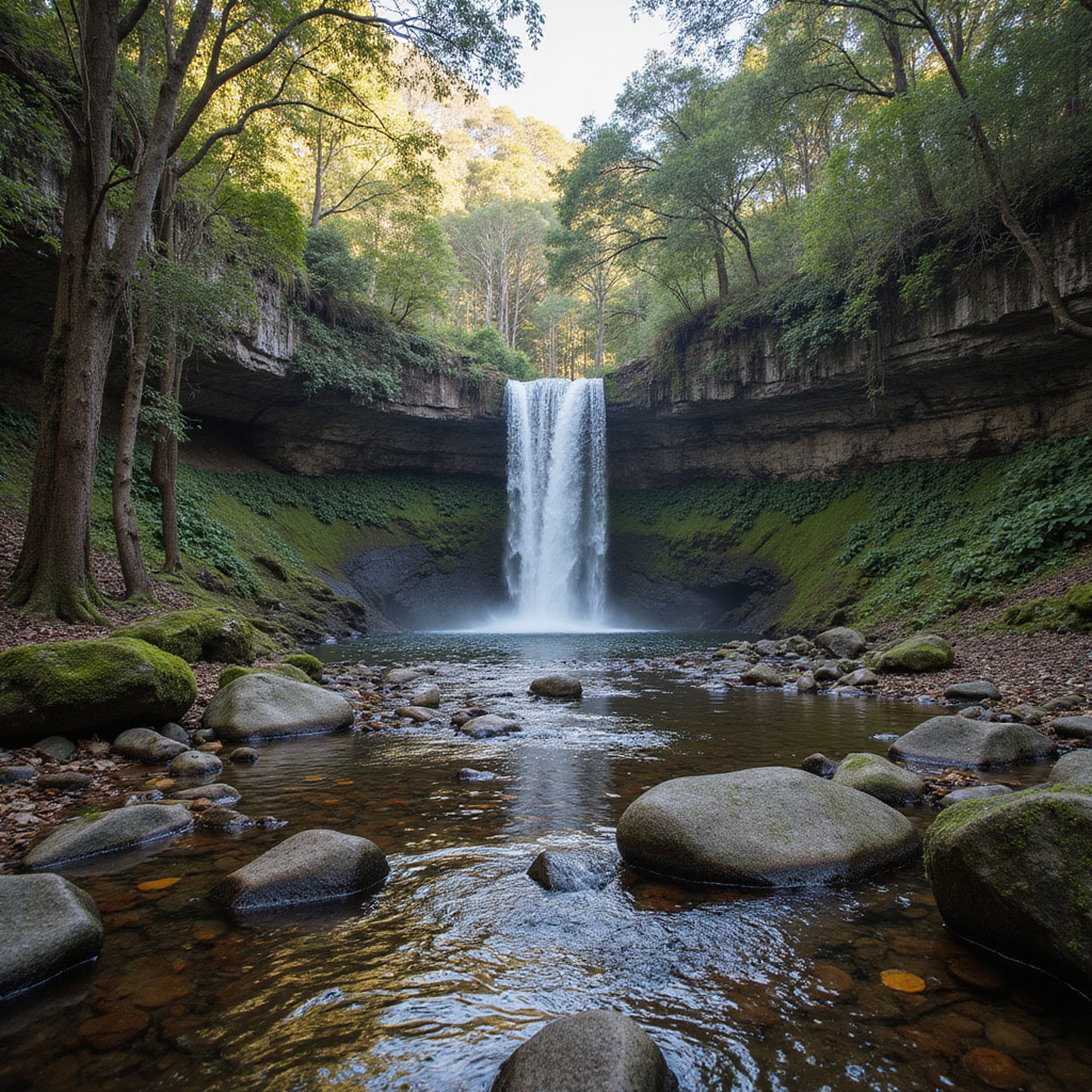Wodospad Purling Brook Falls w Gold Coast Hinterland otoczony zielenią i mgłą poranka