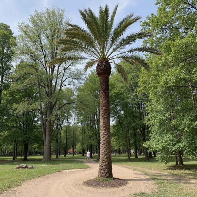Park Marii Luizy w Sewilli z alejkami otoczonymi palmami i kwiatami