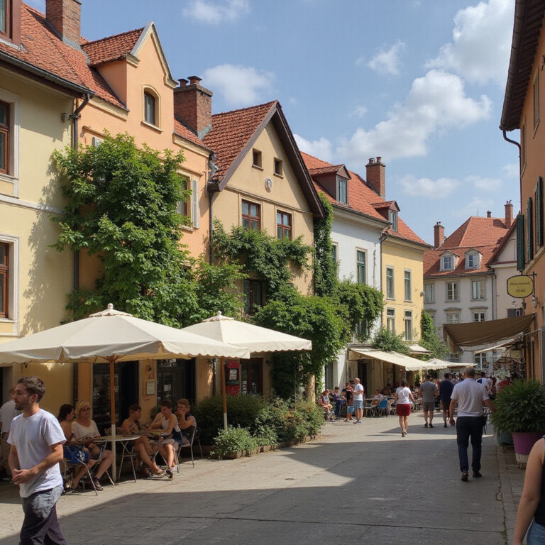Uliczka w Trastevere z brukowaną nawierzchnią i kolorowymi kamienicami