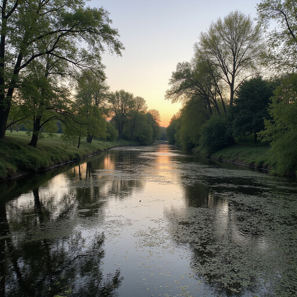 Sceneria Doliny Czechówki z rowerzystą na tle meandrującej rzeki i zielonych terenów
