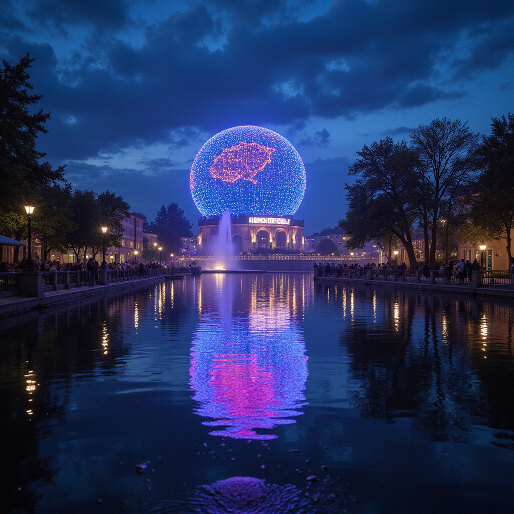 Iluminacje nad kanałami Grand World nocą, świetlne refleksy na wodzie