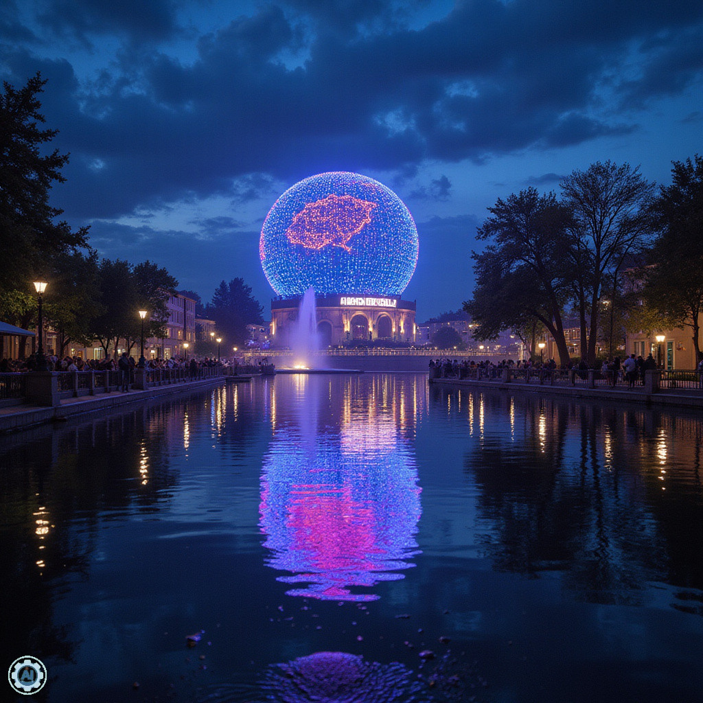 Iluminacje nad kanałami Grand World nocą, świetlne refleksy na wodzie