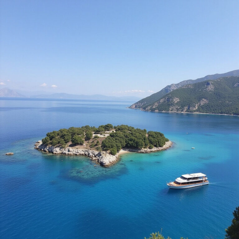 rejsy Marmaris - jacht na tle błękitnego morza i skalistego wybrzeża