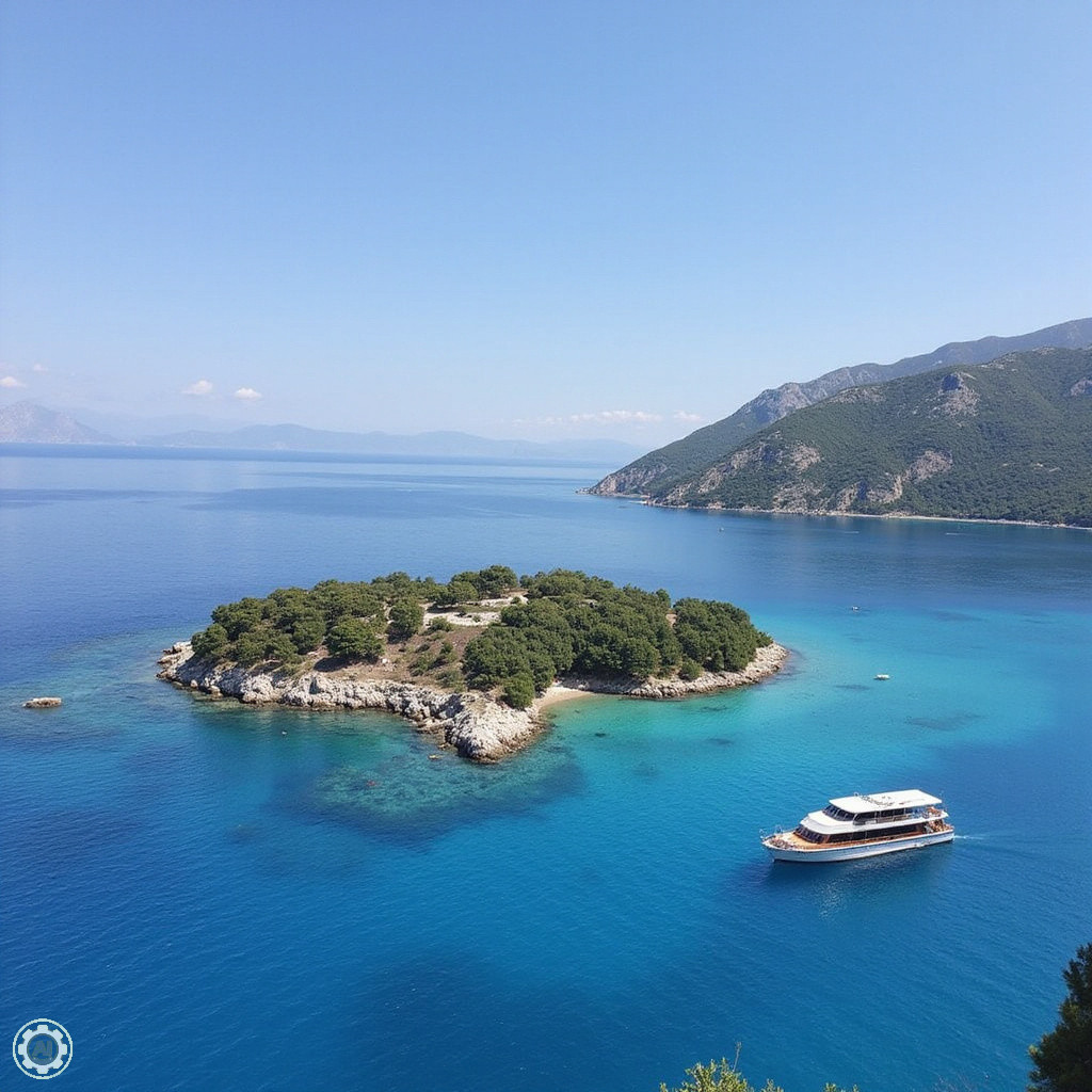 rejsy Marmaris - jacht na tle błękitnego morza i skalistego wybrzeża