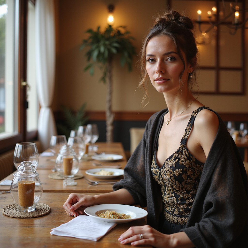 kobieta w eleganckiej sukience podczas posiłku w egipskiej restauracji, etykieta przy stole w Egipcie