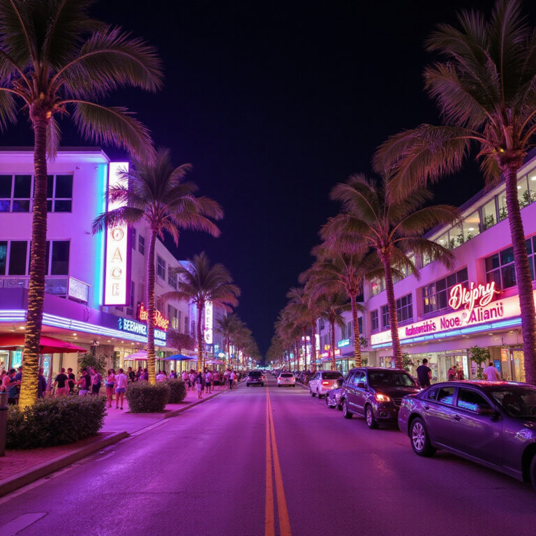 Ocean Drive nocą w South Beach Miami z neonami klubów i tłumem ludzi