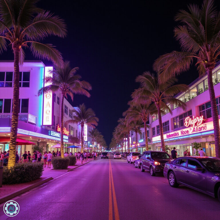 Ocean Drive nocą w South Beach Miami z neonami klubów i tłumem ludzi