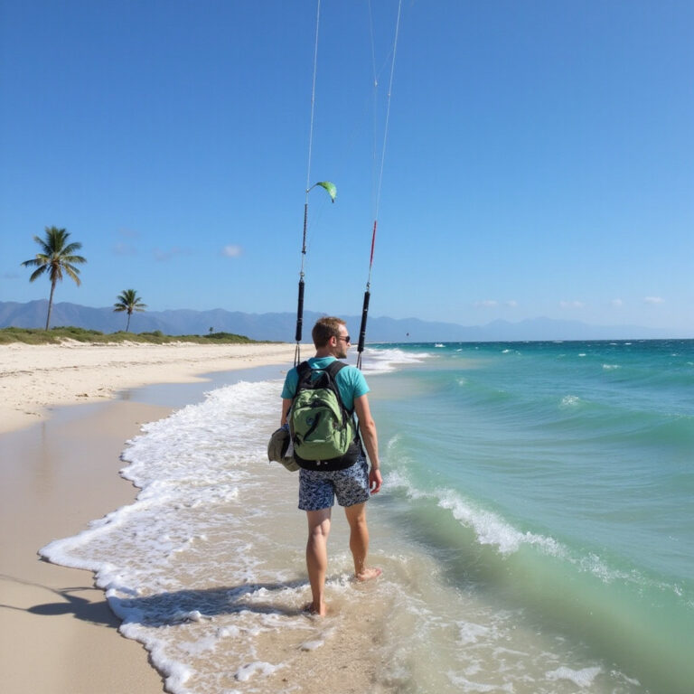 Kitesurfing w Cabarete - plaża z latawcami na tle błękitnego nieba