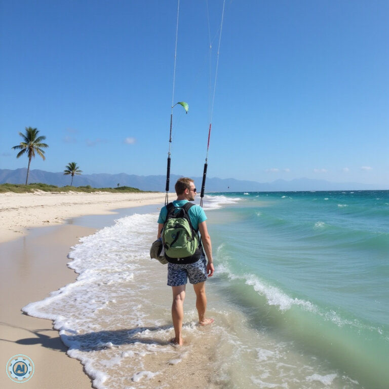 Kitesurfing w Cabarete - plaża z latawcami na tle błękitnego nieba