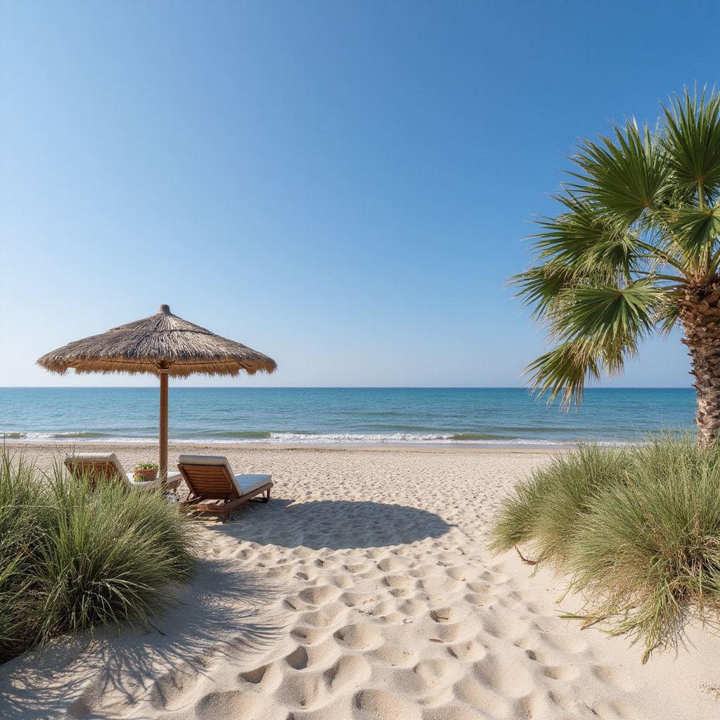 Plaża w Dominikanie z palmami i parasolami