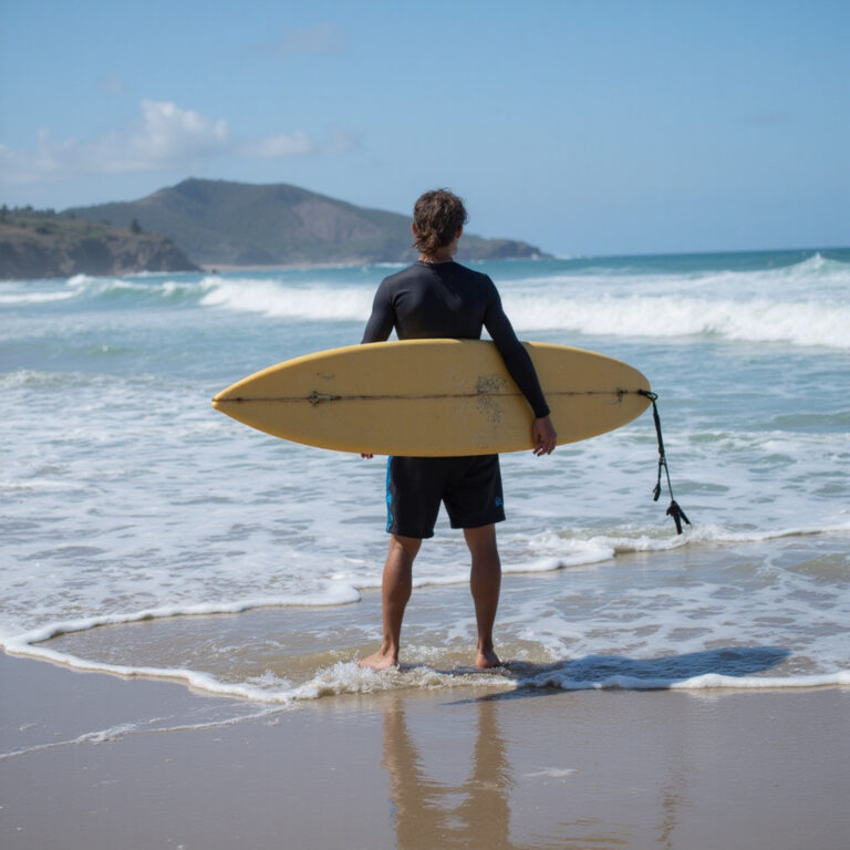 surfer na złocistej plaży Encuentro Beach o świcie