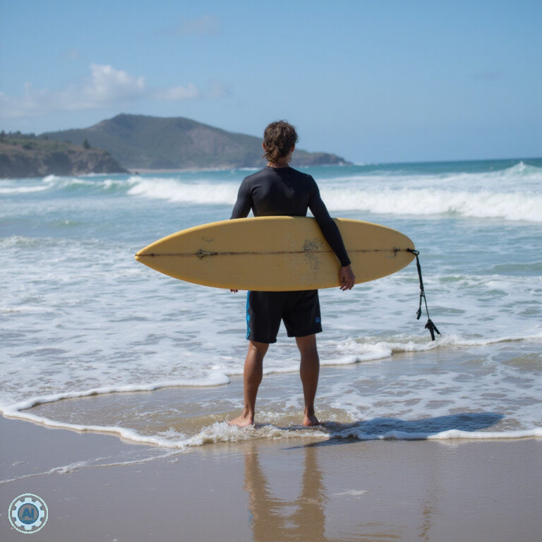 surfer na złocistej plaży Encuentro Beach o świcie