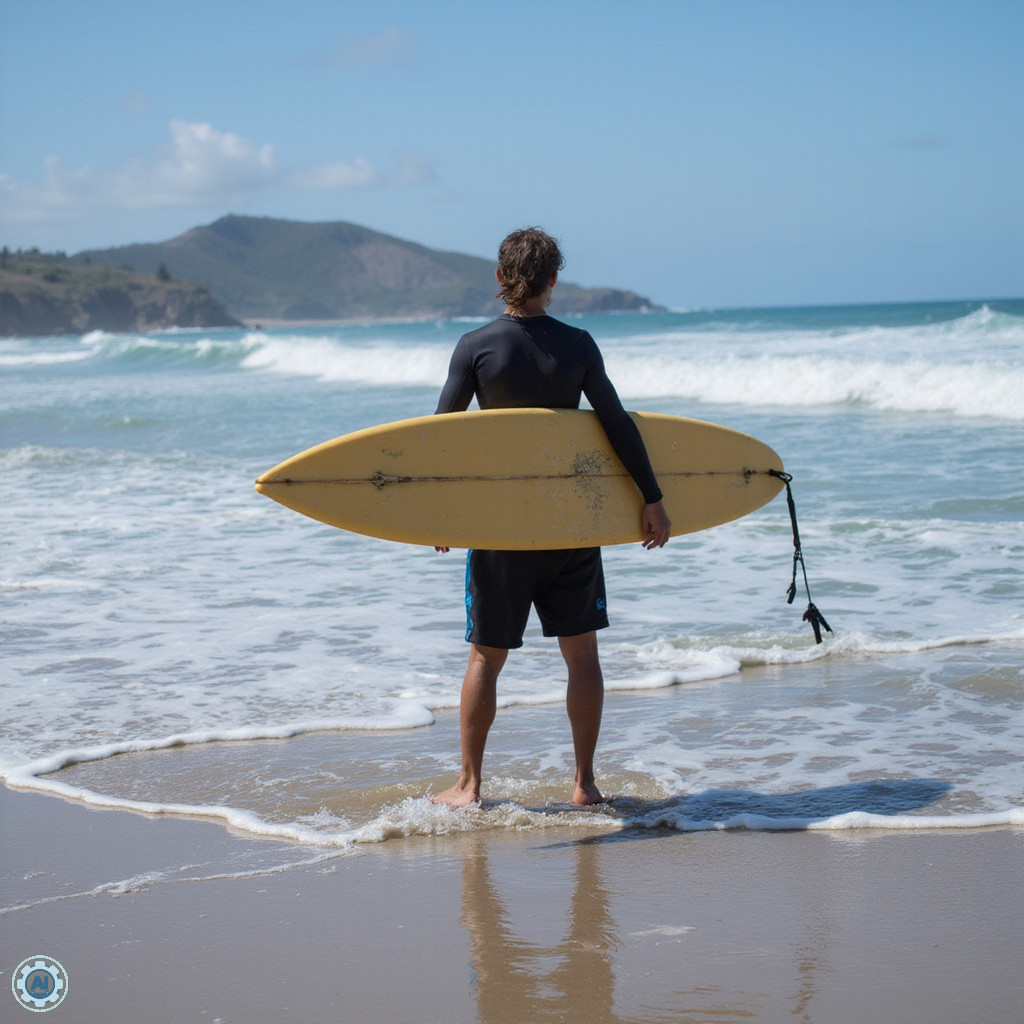 surfer na złocistej plaży Encuentro Beach o świcie