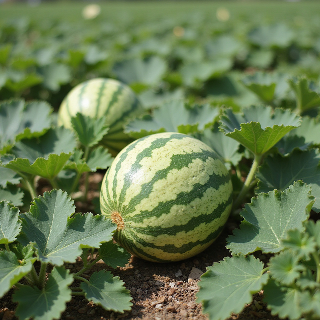 Plantacja melonów Yubari King w szklarni z widokiem na pola