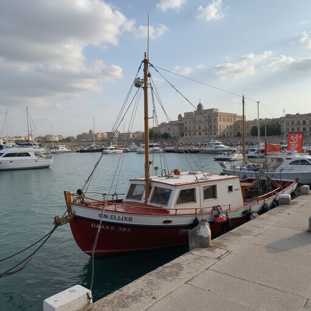 targ rybny w Marsaxlokk z łodziami luzzu i świeżymi rybami