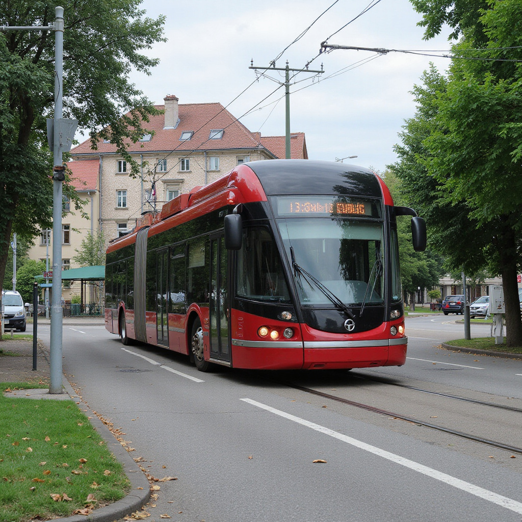 tramwaj linii 4 przejeżdżający obok Ogrodów Turii w słoneczny dzień