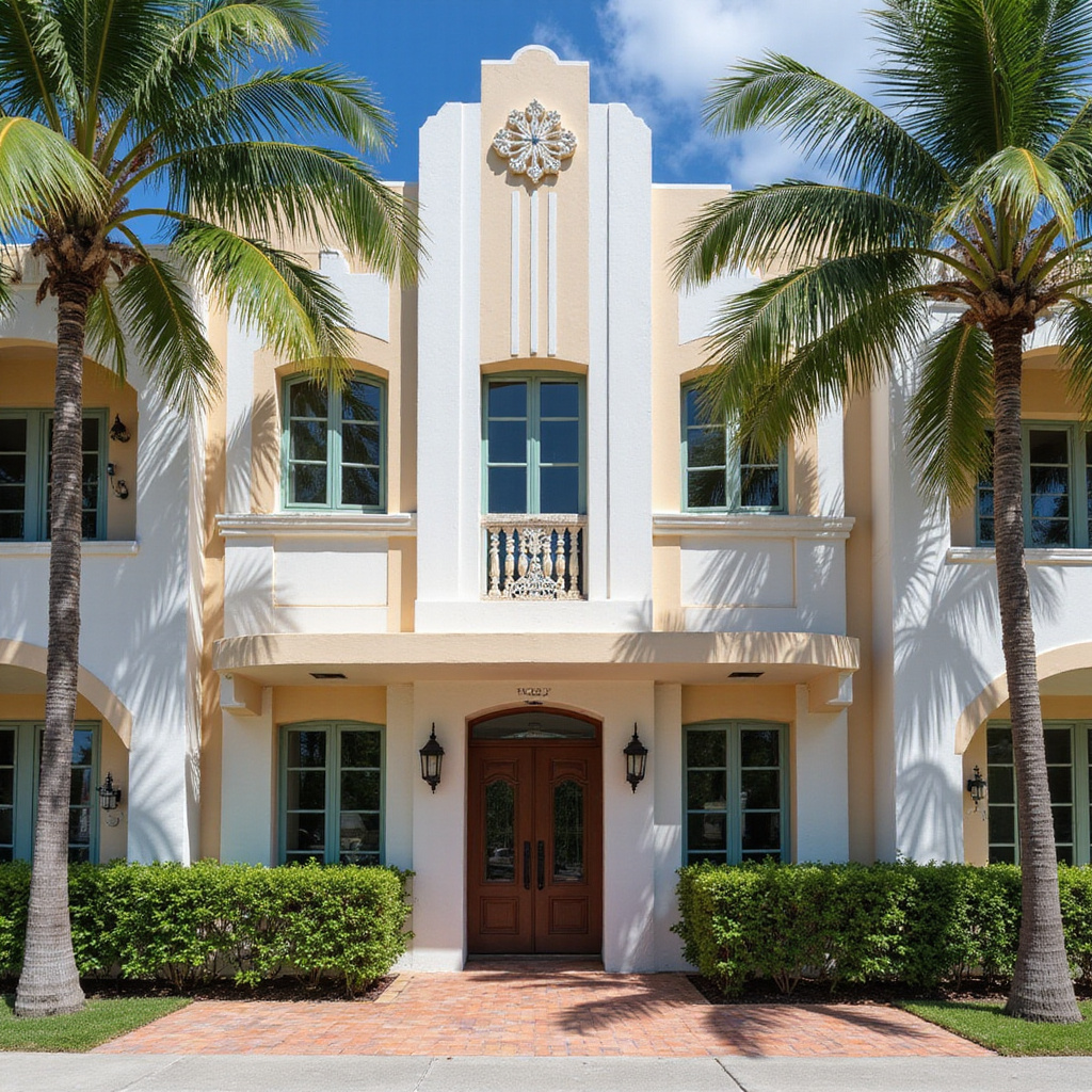 Ulica w Miami Beach z pastelowymi budynkami Art Deco i palmami