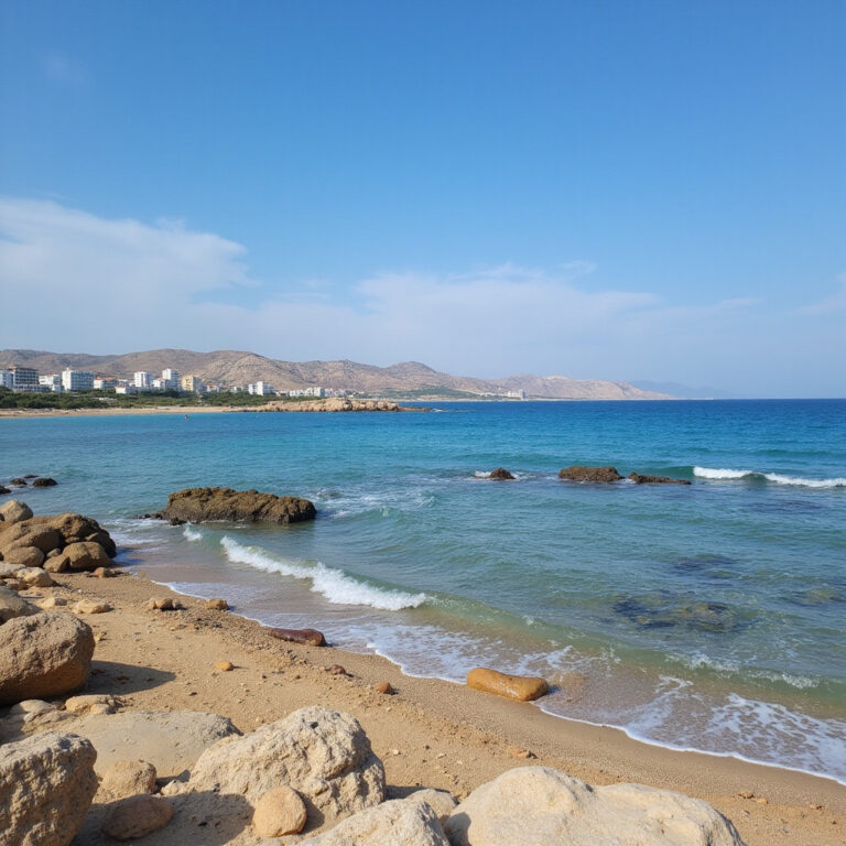 widok na turkusowe morze i skaliste wybrzeże w drodze z Larnaki do Ayia Napa