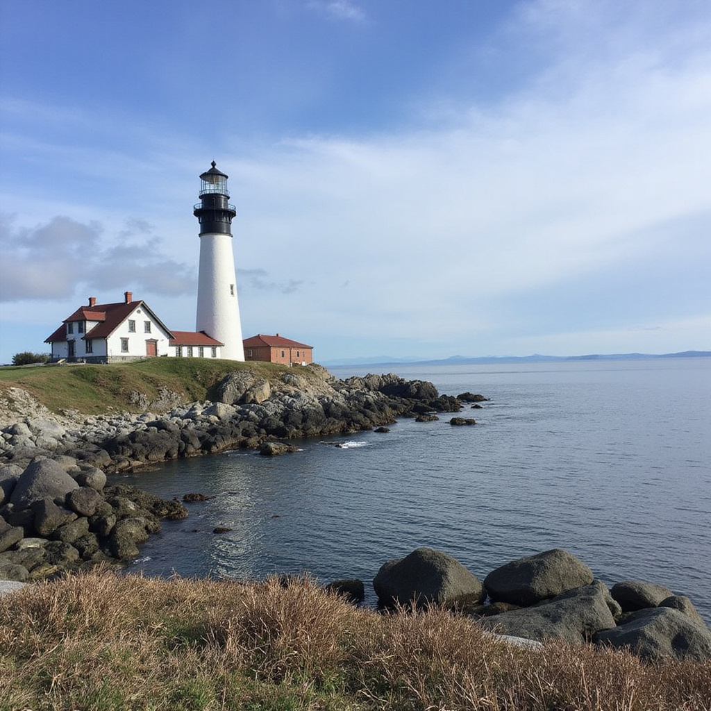Zachód słońca nad West Point Lighthouse w Discovery Park, klify Seattle