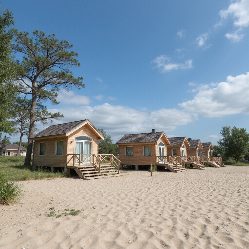 Lokalne drewniane bungalowy na piaszczystej plaży Silver Sands w Kenii