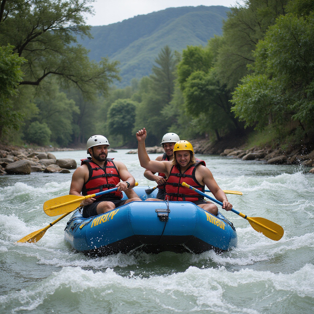Rafting na Rio Yaque del Norte dla początkujących - grupa turystów w pontonie płynie przez zielony kanion rzeki otoczony tropikalną roślinnością