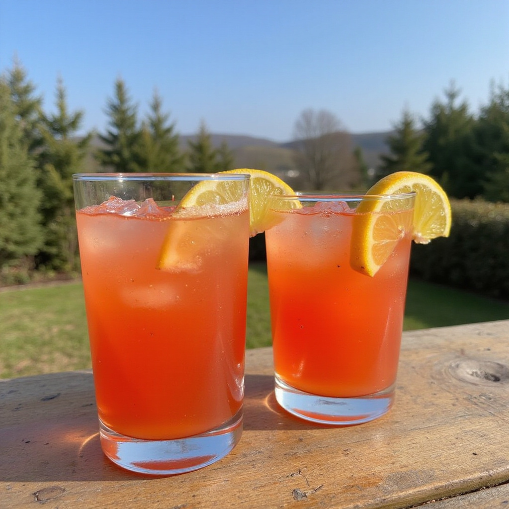 Kieliszki Aperol Spritz i talerze z przekąskami na drewnianym stole nad wodą