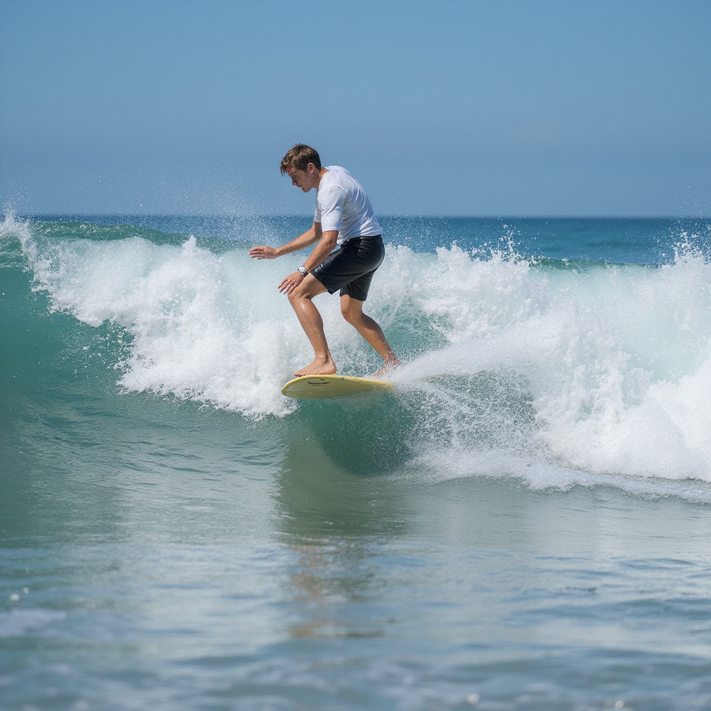 Początkujący surfer na desce w spienionej wodzie oceanu