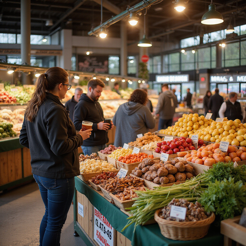 Targ Pike Place Market z wegańskimi produktami, turyści i lokalni sprzedawcy