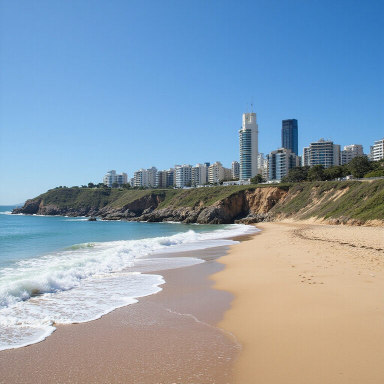 Podróżnik na plaży w Burleigh Heads, odkrywający Gold Coast na własną rękę – złoty piasek i szum fal
