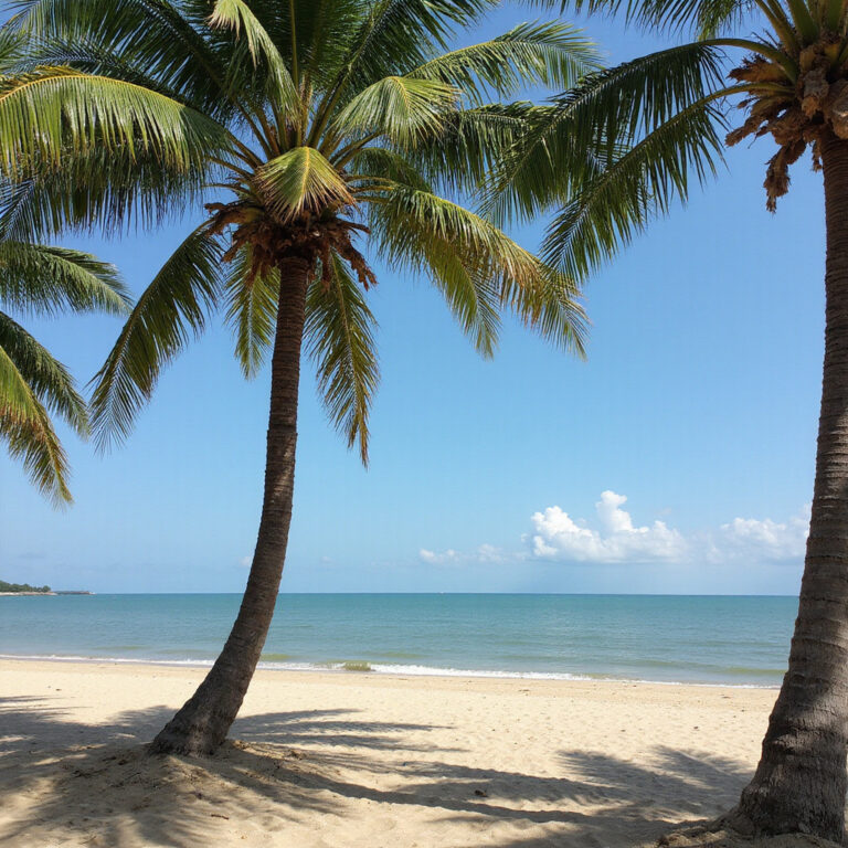 Plaża w Hua Hin podczas zielonego sezonu z palmami i lekką mgłą