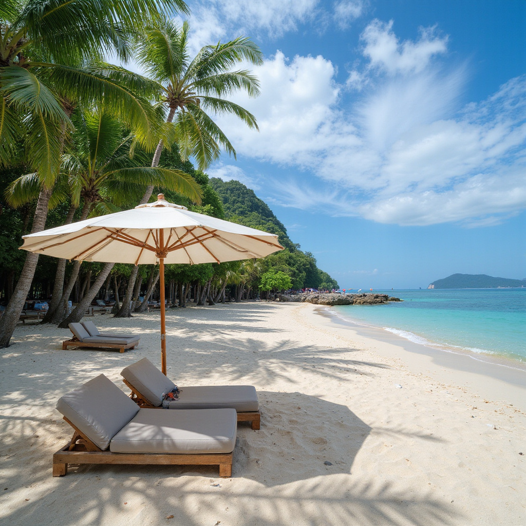Plaża w Koh Samui z parasolami i lekką mgłą po deszczu