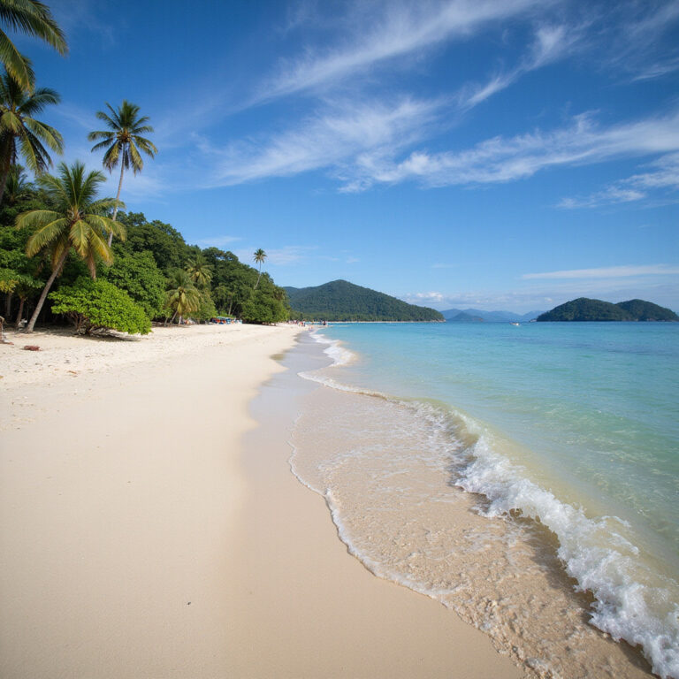 Rodzina na plaży Koh Lanta bawiąca się w piasku, turkusowa woda i palmy