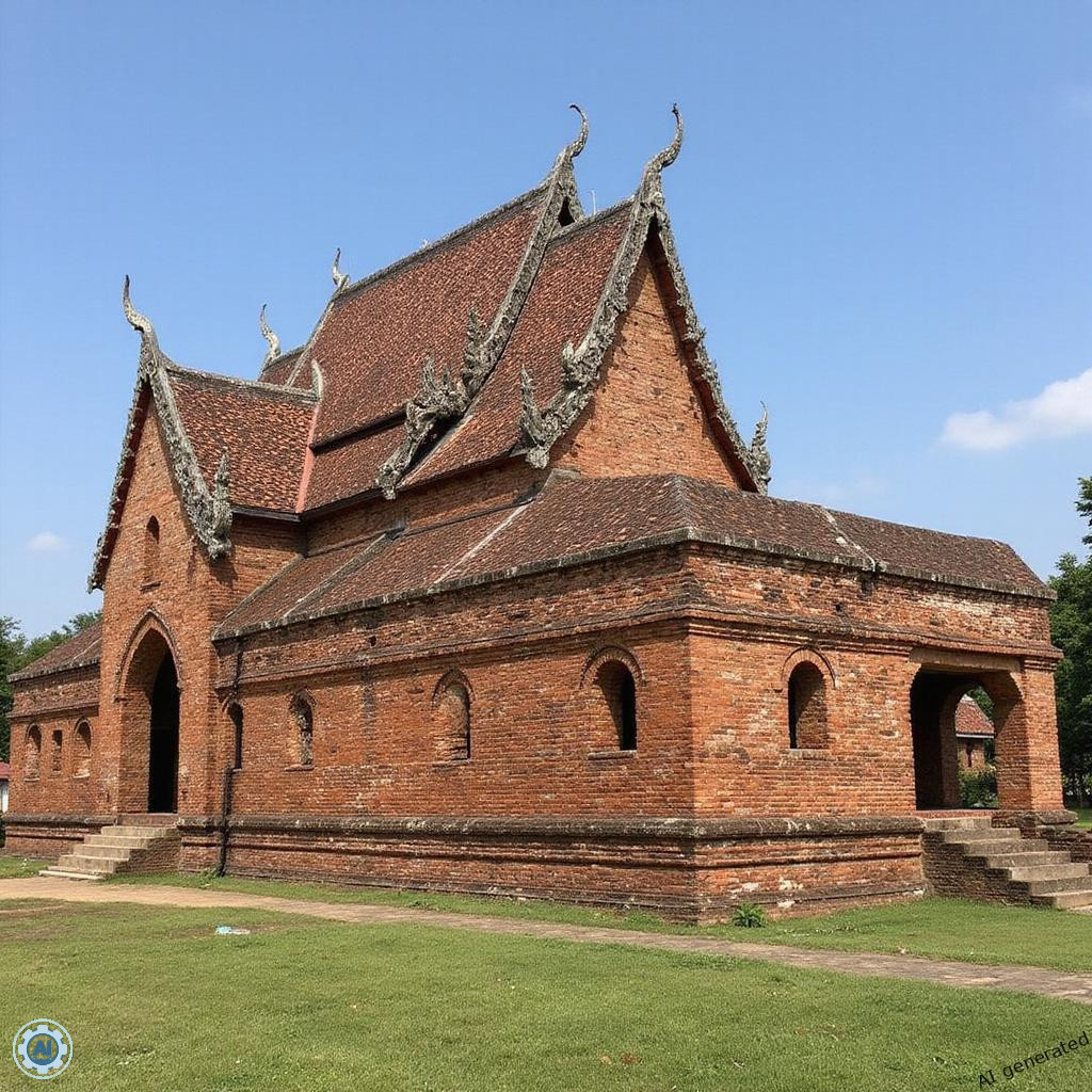 Rowerzysta zwiedzający starożytne ruiny Wat Mahathat wśród atrakcji Sukhothai o poranku