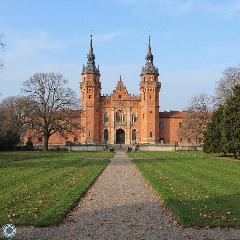 Spacerująca para wśród drzew Parku Sempione z widokiem na Castello Sforzesco