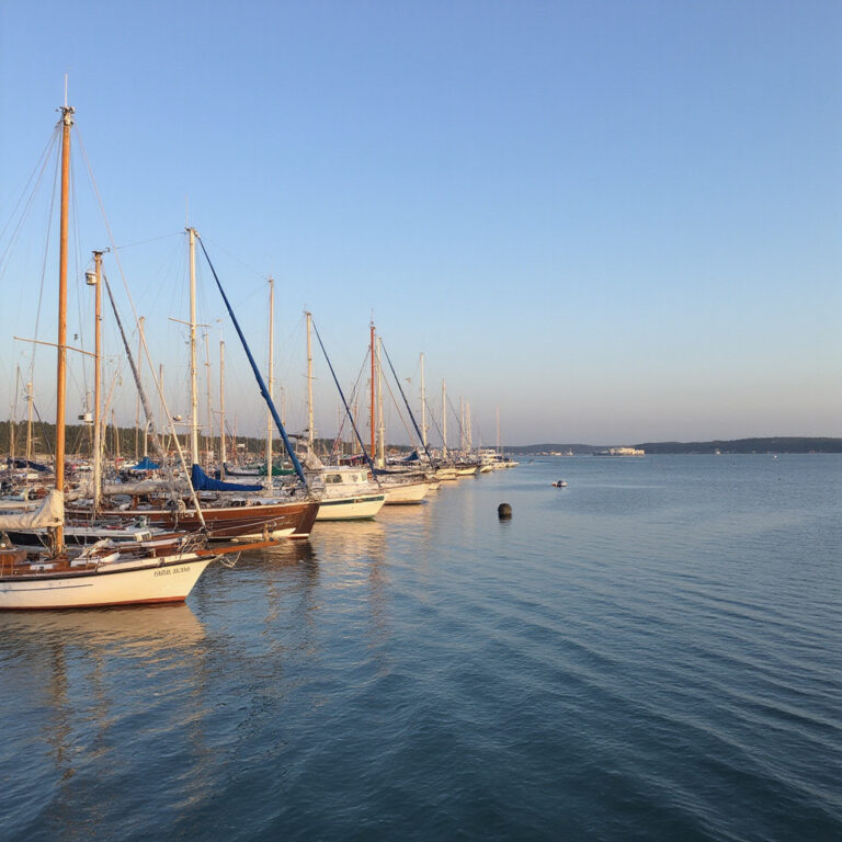 Wenecki port pełen jachtów i kolorowych łodzi, atrakcje Heraklionu widoczne o zachodzie słońca.